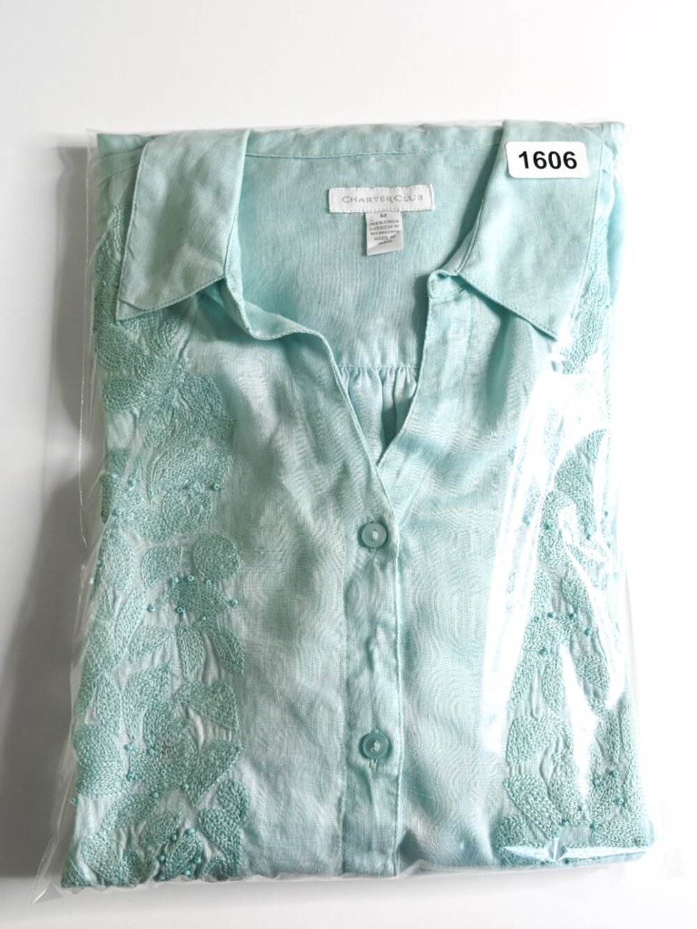 CHARTER CLUB Mint Green Embroidered Button Down Long Sleeve Blouse - Size Medium - Picture 9 of 9